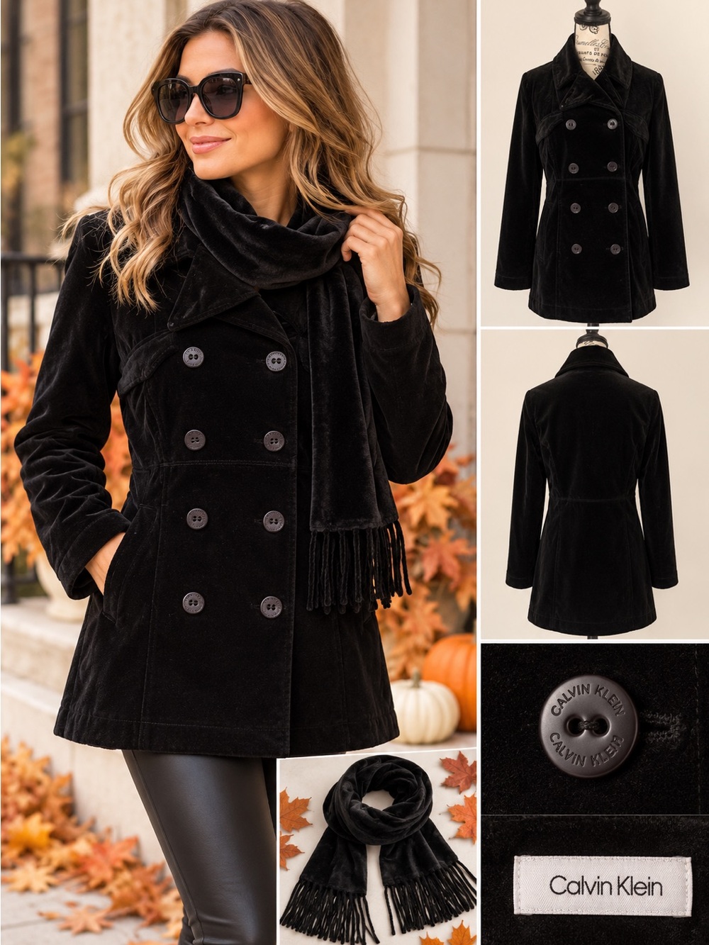 Calvin Klein Black Velvet Double Breasted Peacoat Jacket large
